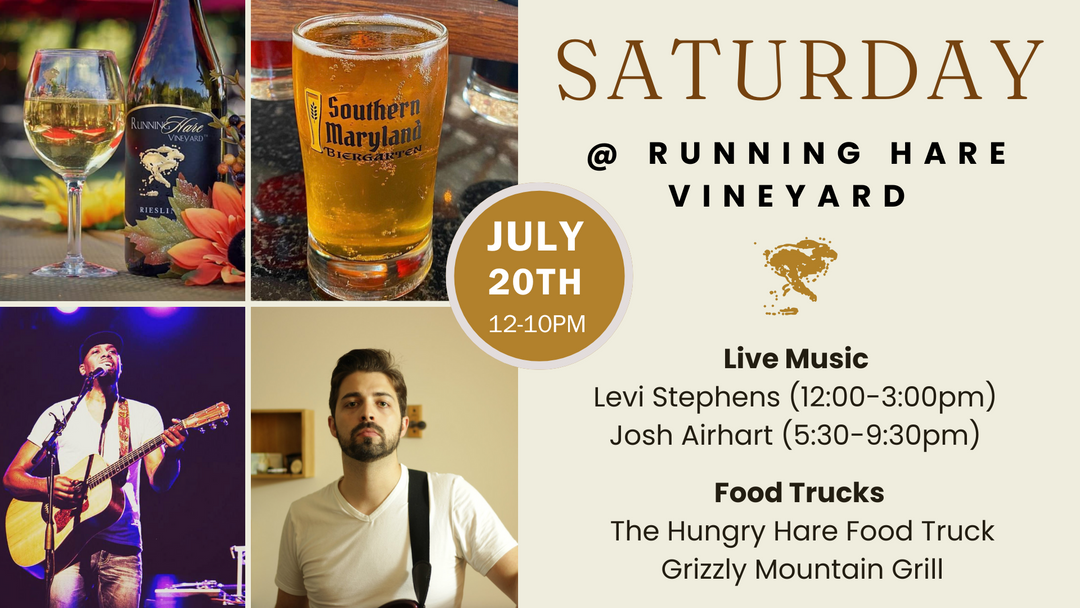 Saturday at Running Hare Vineyard on July 20th from 12-10pm!