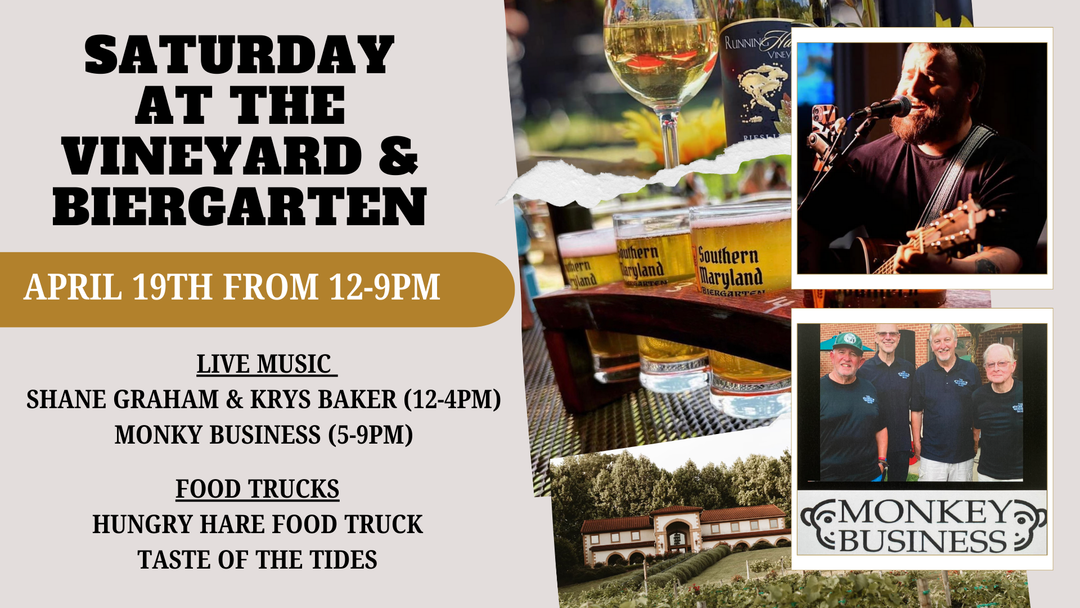 Saturday at the Vineyard and Biergarten on April 19th from 12-9pm!