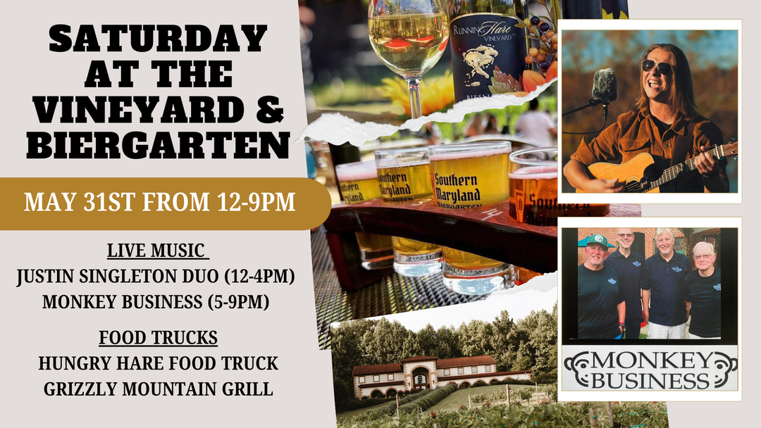 Saturday at the Vineyard and Biergarten on May 31st from 12-9pm!