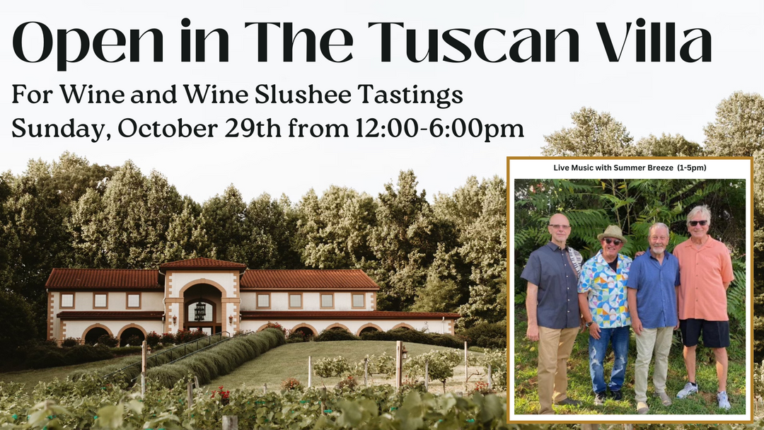 Open in the Tuscan Villa on Sunday, October 29th from 12:00-6:00pm and Live Music by Summer Breeze from 1:00-5:00pm